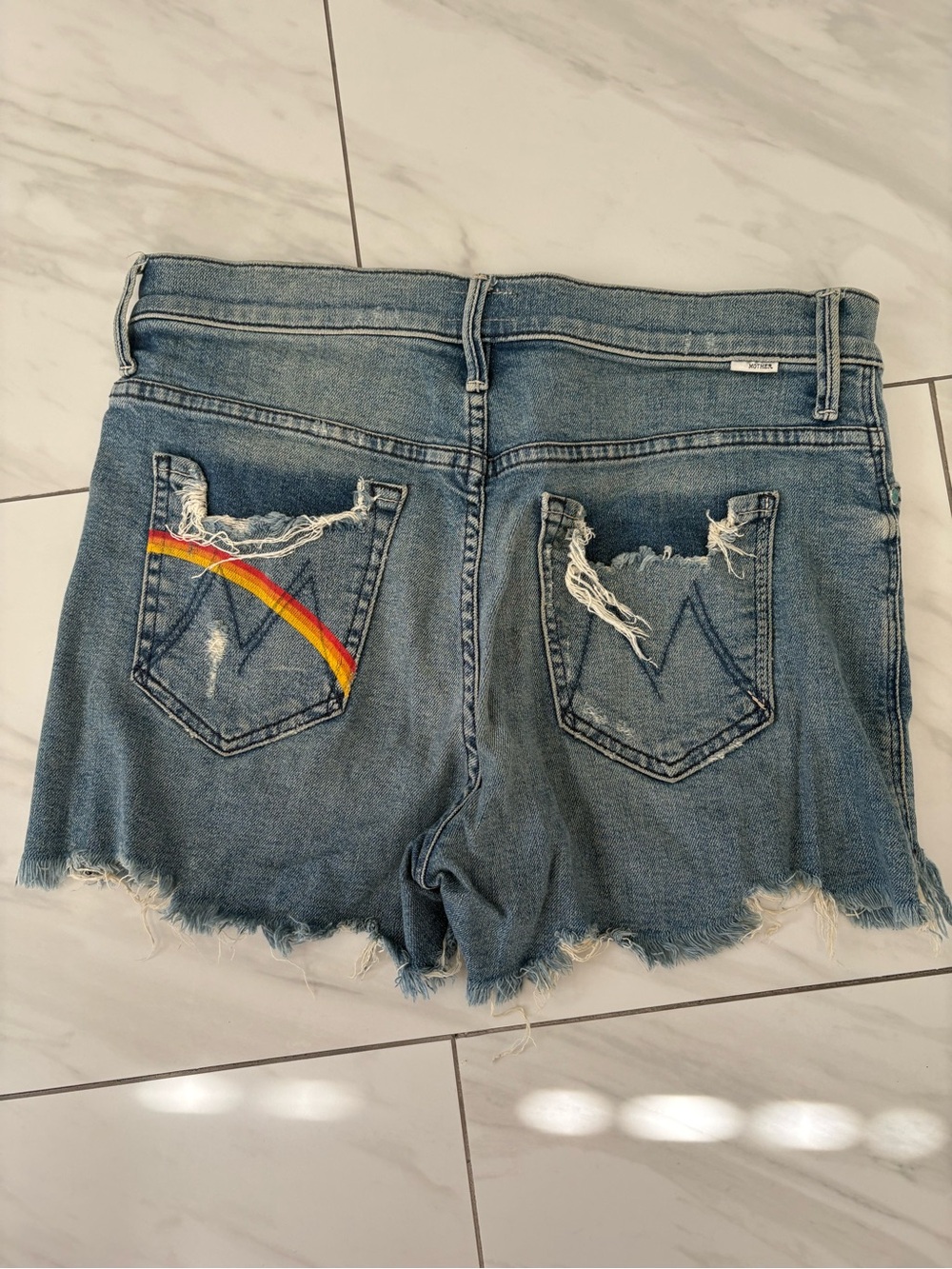 MOTHER Blue Denim Cutoff Shorts with Rainbow Back Pocket